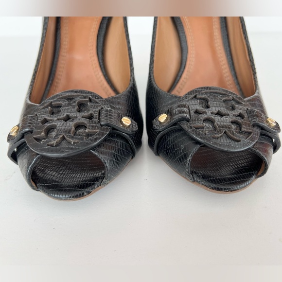 Tory Burch Mini Miller Lizard Textured Leather Peep Toe Wedge Heels in Black, 7 - Picture 15 of 15